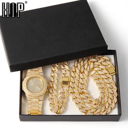 Necklace +Watch+Bracelet Hip Hop Miami Curb Cuban Chain Gold Iced Out Paved Rhinestones CZ Bling Men Jewellery