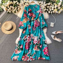 Spring Fashion Wear Style Maxi Vestidos Women Round Neck Slim Elegant Printed Puff Sleeve Dress C297 210507