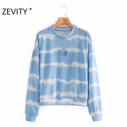 Zevity Women vintage sun embroidery tie dye printing casual sweatshirts ladies basic o neck hoodies chic pullovers tops S356 210603