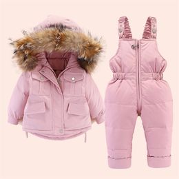 Winter Down Jacket for Girl clothes Kids Overalls Snowsuit Baby Boy over coat Toddler Year Clothing Set parka real fur 211203