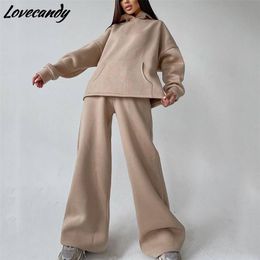 Women Basic Hooded Tracksuit Two Piece Sets Pullover Sweatshirt Top And High Waist Wide Leg Pant Suits Female Fashion Streetwear 211007