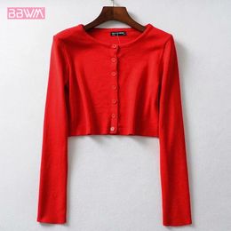 Single-breasted Round Neck Solid Colour Slim Long-sleeved Women's Sweater Autumn Sexy High Waist Exposed Navel Female Sweate 210507