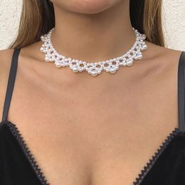 Elegant Handmade Simulated Pearl Chain Necklace Fashion Statement Vintage Gothic Flower Bead Choker Women Jewellery Gift