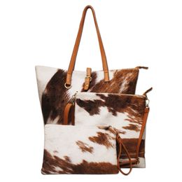 3pcs in One Cowhide Flannel Shopping Bag Large Capacity Travel Bags Brown Cow Messengers Tote DOM1839