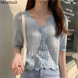 Hollow Knitted Cardigan Women Summer Short Sleeve V-neck Single Breasted Thin Crop Tops Sweater Korean Fashion Jumpers 210513