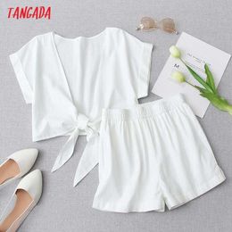 Tangada Korea Chic Women White Beach Shorts Set Fashion Suit 2 Piece Set Sweet Top and Shorts 3R36 210609