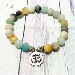 SN0860 8 mm Matte Amazonite Mala Bracelet Handamde Women`s Lotus Ohm Charm Yoga Bracelet Meditation Balance Buddhist Jewelry