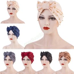 Fashion Women Solid Muslim Turban Indian Cap Bowknot Bead Elastic Beanies Hat Bonnet Headwrap Hijab Chemo Cancer Hat Accessories