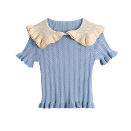Women Sweet Fashion With Ruffled Cropped Knitted Sweater Patchwork Collar Short Sleeve Female Pullovers Chic Tops 210430