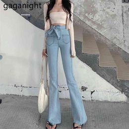 Women High Waist Skinny Bow Sashes Jeans Korean Fashion Slim Flare Pants Full Length Pockets Zippers Blue Spring 210601