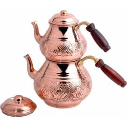 Turkish Copper Teapot Kettle Handmade 4 Pieces Kitchen Set Traditional Coffee Boiler Wooden Handle Gift Made in TURKEY 210724