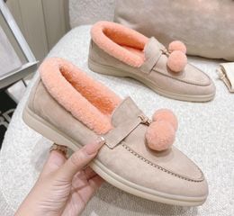 High end warm woolen ball Lefu shoes women wear woolen work sheet shoes in 2021 winter flat bottomed and snow shoes with box and dustbag
