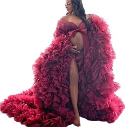 2022 Burgundy Pregnant Women's Prom Dress Maternity Ruffles Robes for Photo Shoot or baby shower African Plus Size Robe