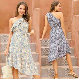 Summer Women Irregular Ruffled Dress Little Daisy Print Sexy One Shoulder Female Sleeveless Lace Up Midi es 210517