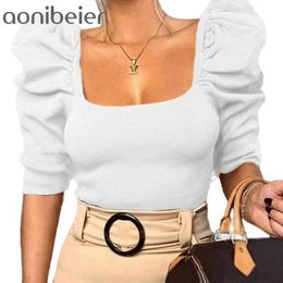 Sexy Backles Shirt Schwarz Puff Sleeve Show Navel Half White Streewear Top Weibliche Kurze Kleidung 210604