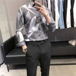 Men's Business Formal Dress Shirts Geometric Printed Long Sleeve Slim Fit Casual Shirt Office Social Blouse Chemise Homme 210527