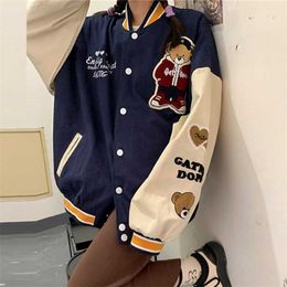 Vintage Bear Letters Baseball Jacket Coat Women Oversized Outerwear Harajuku Korean Style Loose Students Girls 211014
