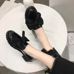 Dress Shoes 2021 Women Small Leather Women's Retro British Style Bow College Soft Black Chunky-Heel Woman Low Heel Daily