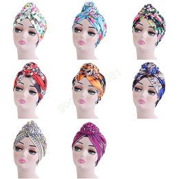 Fashion Floral Print Braided Turban Hats Top Knotted Bandanas Stretchy Head Wrap Ladies Elastic Headscarf Hair Accessories