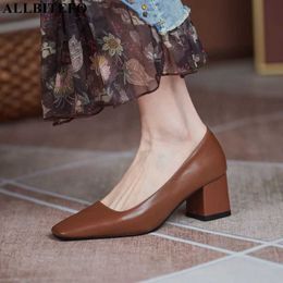 ALLBITEFO square toe natural soft genuine leather high heels fashion leisure women heels shoes high heel shoes walking shoes 210611