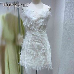 Beige Elegant Patchwork Lace Evening Dress For Women Square Collar Sleeveless High Waist Mini Dresses Female Summer 210520