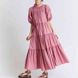 Elegant Ball Gown Party Club Dress Woman Sweet Puff Short Sleeve Dresses Women Summer Stand Collar Lace Up Vestido Mujer 210514