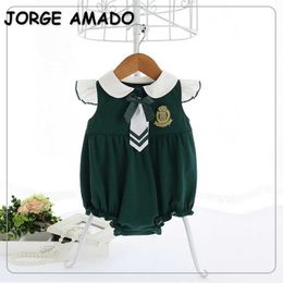 Wholesale Spring Baby Sleeveless Romper Green Student Style Tie Bodysuits Suit Boy Girl Clothes E9202 210610