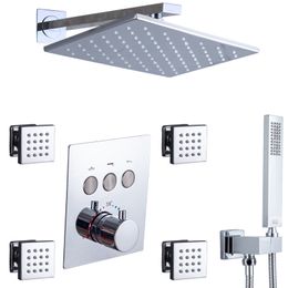 Thermostatic Bathroom Chrome Polished Set Push Button Valve 12X8 Inch Rectangular LED Rain Shower Head Body Message Jets Wall Mounted Mixer Combo System