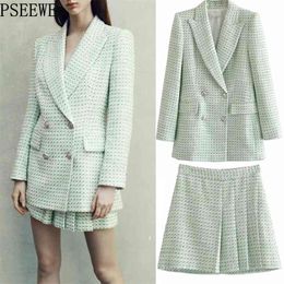 Set Woman Blazer Skirts Suits Green Plaid Double Breasted Female Suit Two Piece Women Pleated Mini Skirt 210519