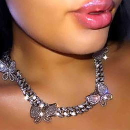 Crystal Iced Out Big Butterfly Necklace Wholesale Men Punk Miami Curb Thick Rapper Womens Cuban Link Chain Choker Jewellery Gift X0509