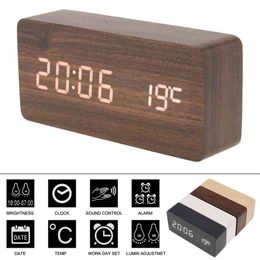 Alarm Clock LED Wood Voice Control Time Date Temperature Digital Bamboo Rectangle Table Desktop Clocks 210804