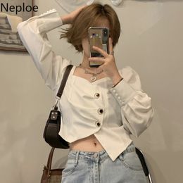 Neploe Square Collar White Shirt Women Summer High Waist Slim Fit Short Blouse Pleated Irregular Long-sleeve Top Clothes 210422