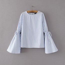 Fashion Women Vintage elegant Flare Sleeve Striped Shirts Casual O-Neck Blouses Feminine Loose Tops Two Colours S1582 210430