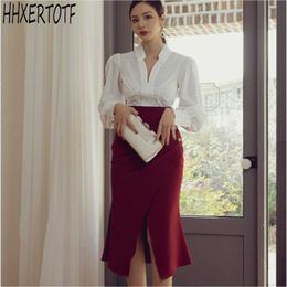 Spring 2 Pieces Set White Long Sleeve Shirts+ High Waist Sheath Pencil Skirts Suit 210531