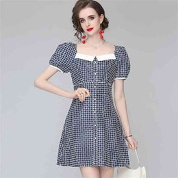 Runway Women Embroidery Dress Summer Square Collar Puff Sleeve Casual Single-Breasted Slim Waist Mini Vestidos Mujer 210519