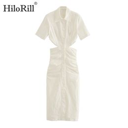 Women Chic Hollow Out White Shirt Dress Stylish Long Pleated Party Short Sleeve Sexy Bodycon es Robe 210508