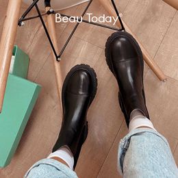 BeauToday Ankle Boots Platform Women Cow Leather Chelsea Boots Round Toe Elastic Band Thick Sole Ladies Shoes Handmade 02379 210911