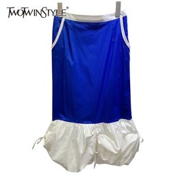 Drawstring Patchwork Skirt For Women High Waist Hit Colour Casual Midi Skirts Female Fashion Clothing Style 210521