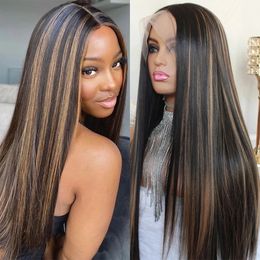 26 Inch Straight Highlight Wig Human Hair 13x4 Ombre Straights Blonde Colored Lace Front Wig For Black Women Brown Wigs