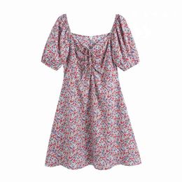 Summer Women Square Collar Drawstring Printed Mini Dress Female Puff Sleeve Clothes Casual Lady Loose Vestido D7699 210430
