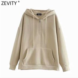 Zevity Women Fashion Zipper Decoration Casual Loose Fleece Sweatshirts Female Basic Pockets Hoodies Chic Pullovers Tops H522 210603