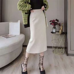 Lucyever Autumn Winter Knitted Women Skirt Solid Stretchable Mid-long Pencil Skirts Female Korean High Waist One-step Skirt 211120