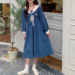 -Vestidos casuales houzhou vestido azul mujeres kawwii estilo preppy estilo marino marino cuello de manga larga elegante primavera otoño patchwork mori niña