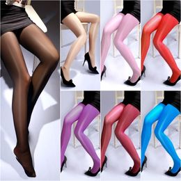 2021 Pantyhose Sexy Women High Waist Sexy Oil Shine Glossy Open crotch Pantyhose Tights Light Solid Thin Ladies Stockings X0521