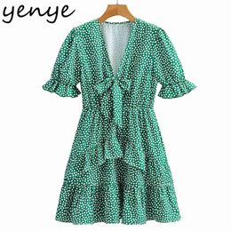 Green Floral Print Ruffle Dress Women Bow Tie V Neck Short Sleeve A-line Mini Summer Holiday Vestido 210430