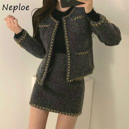 Autumn Winter Suit Korean Elegant O-neck Double Pockets Slim Fit Jacket + Panelled Bodycon Skirt Fashion 2 Piece Set 210422