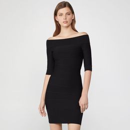 Summer Women Black Off spalla Rayon Bandage Club Dress Sexy mezza manica Celebrity Evening Party Abiti da passerella 210423