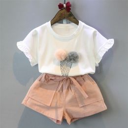 New Girls Clothing Set Summer Cotton Daily Lace Sleeve Children T-shirt Top Pink Pants 2 Pack Fashion Girl Toddler Clothes 210326