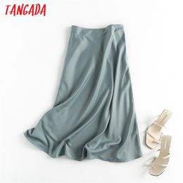 Tangada women solid quality satin midi skirt vintage side zipper office ladies elegant chic A-line skirts 6D18 210629