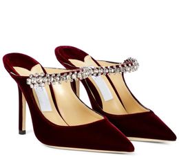 Vino-rosso/nero Velluto Bing Sandali Scarpe Punta a punta sexy Cinghie di cristallo Décolleté Ciabatte Lady Tacchi alti Abito da sposa Regalo da sposa con scatola EU35-43